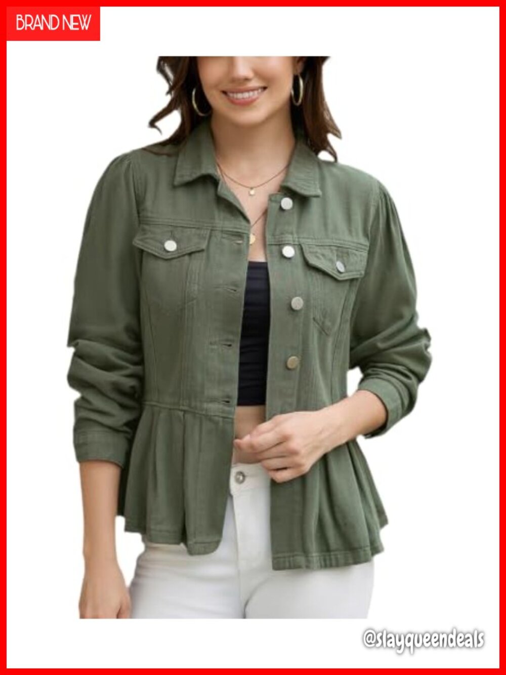 Women Denim Jacket Puff Sleeve Peplum Button Up Jean Jacket Cotton